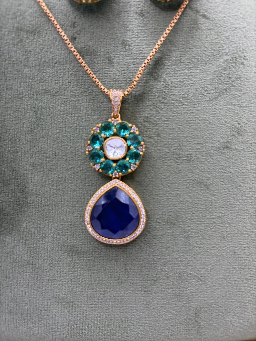 Gold-Tone Crystal Necklace Set with Emerald Green - Sapphire Blue Doublet Stone